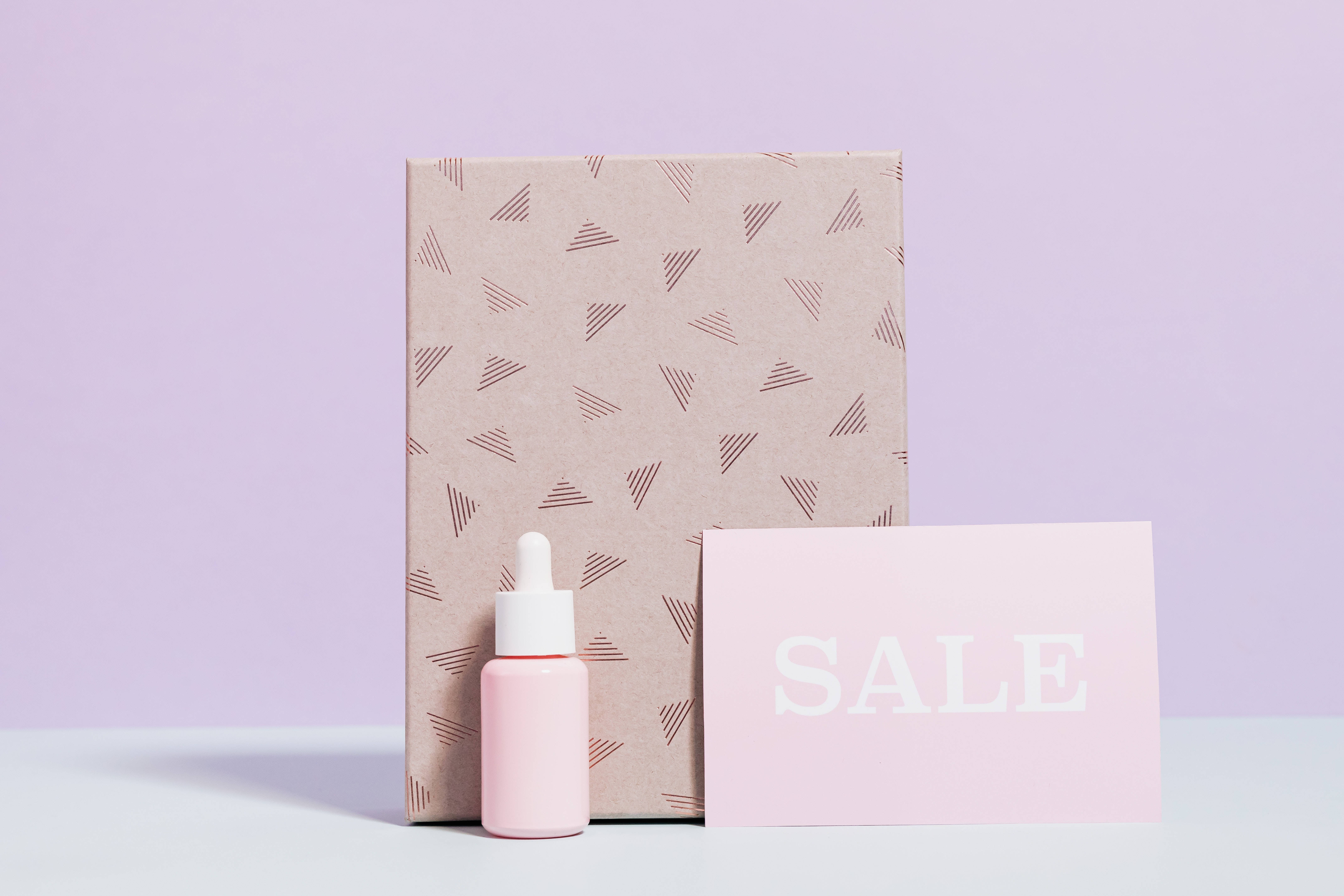 pink dropper bottle, patterned box, sale card, 5K Desktop Wallpaper