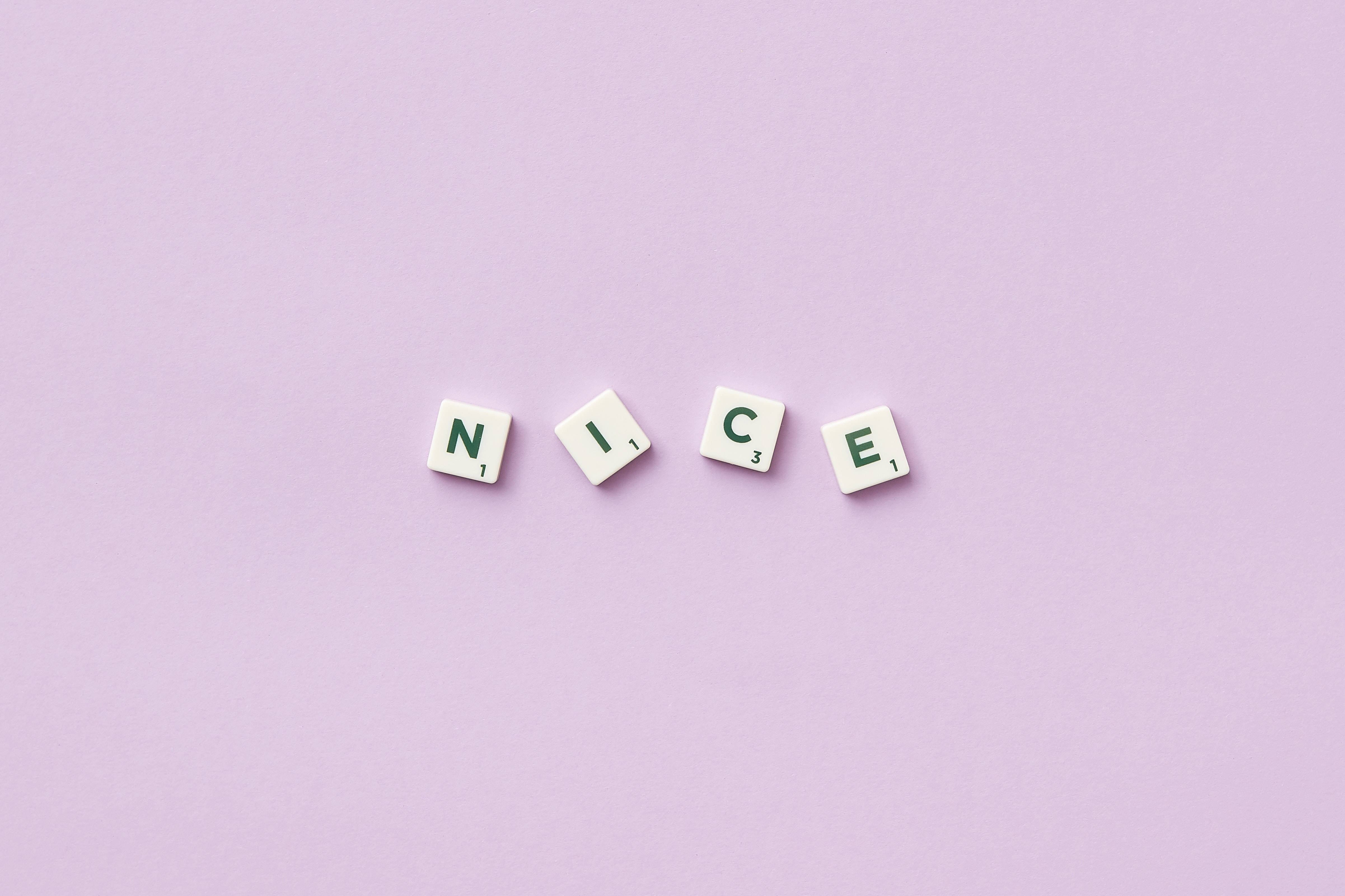 NICE, Scrabble tiles, green letters, 4K Desktop Wallpaper