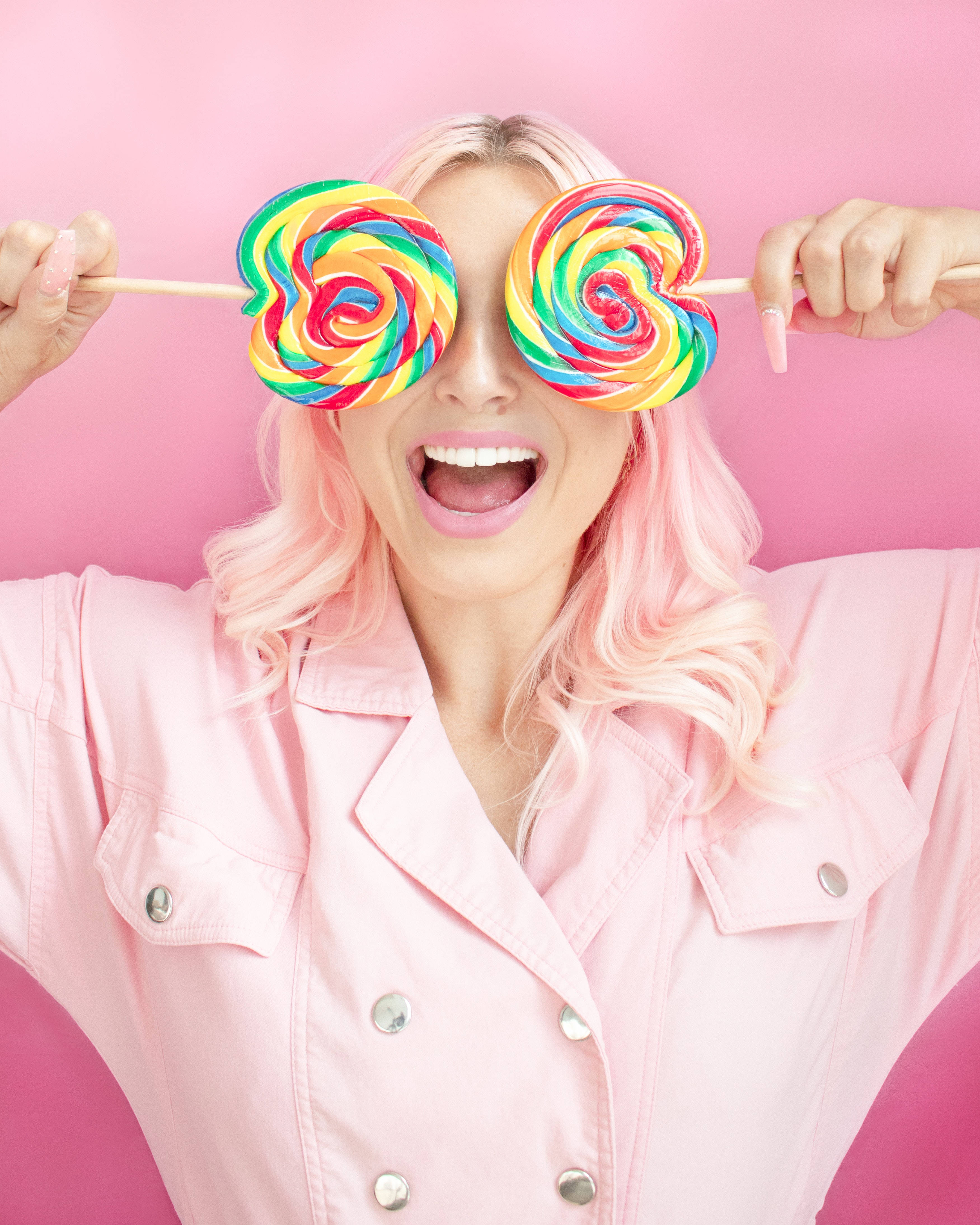 pastel pink aesthetic, pink hair, giant rainbow lollipops, 4K Phone Wallpaper