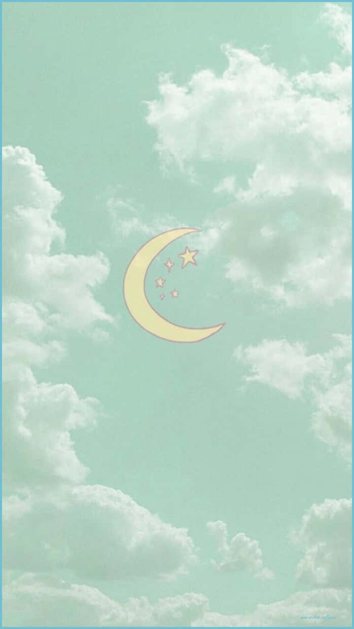 pastel mint sky, fluffy white clouds, stylized yellow crescent moon, SD Phone Wallpaper