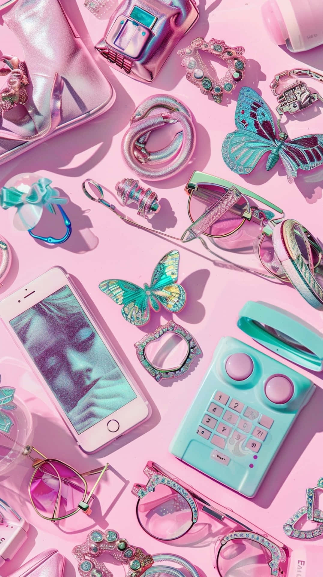 pastel pink aesthetic accessories, shiny pink, teal, Full HD Phone Wallpaper
