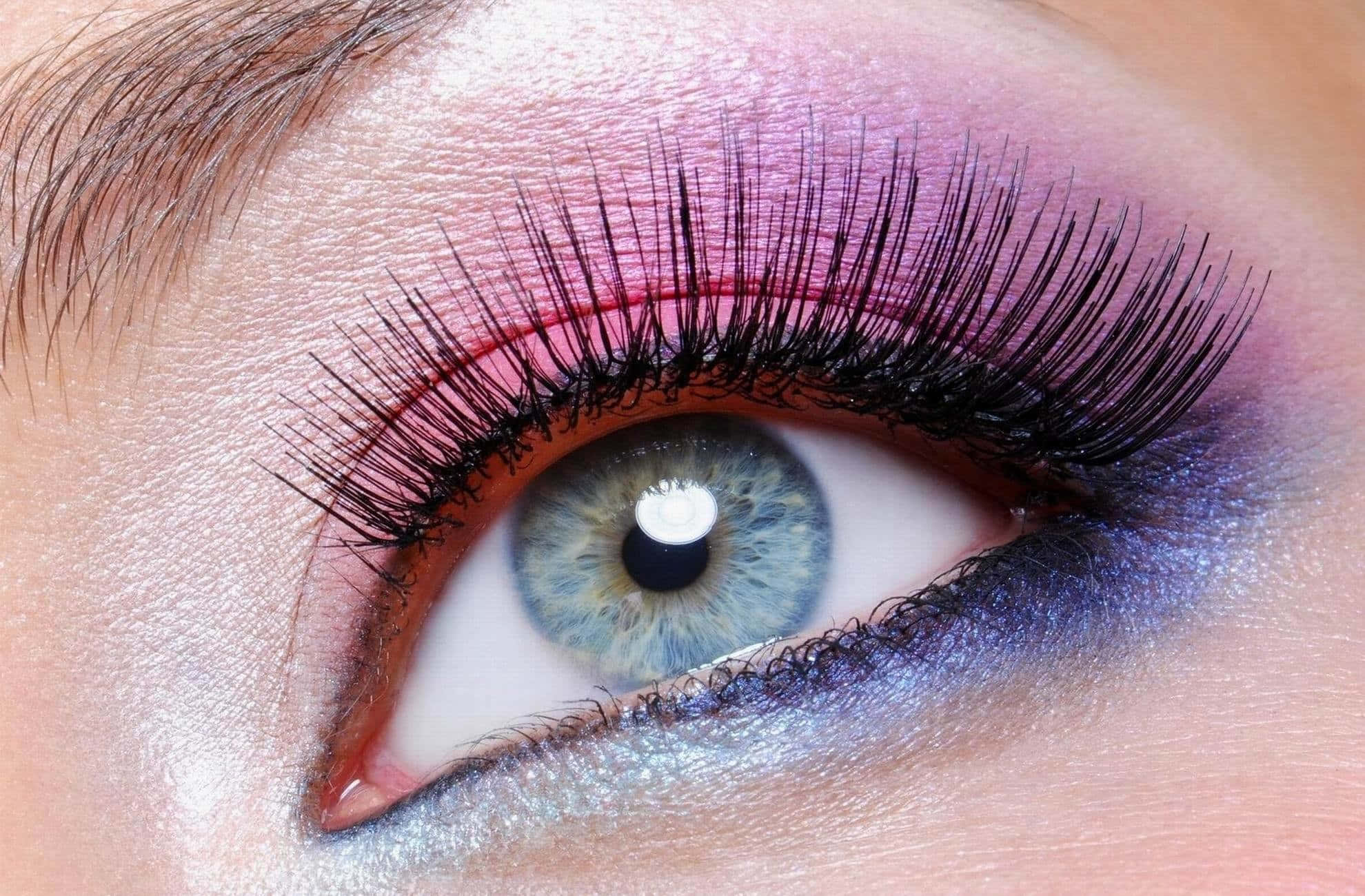pink makeup, dramatic pink and blue glitter eyeshadow, long black lashes, Full HD Desktop Wallpaper