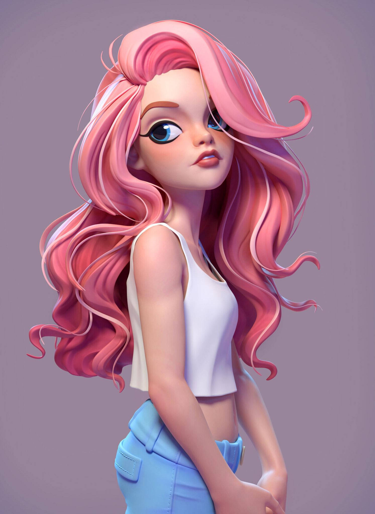 Curly Cool Girl Cartoon, pink hair, blue eyes, Full HD Phone Wallpaper