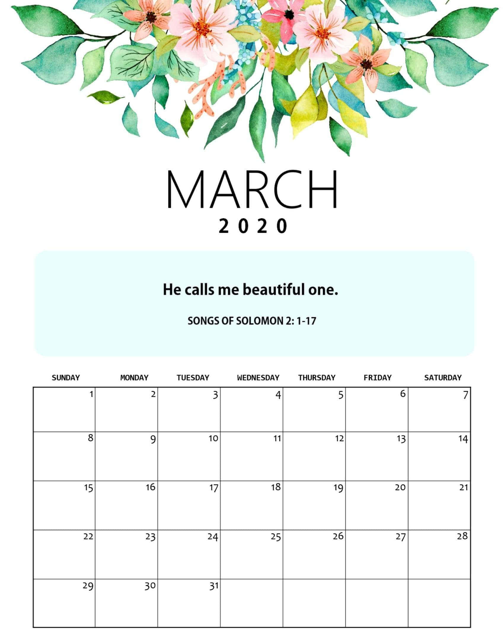 Cute March, March 2020, watercolor floral calendar, Full HD Phone Wallpaper