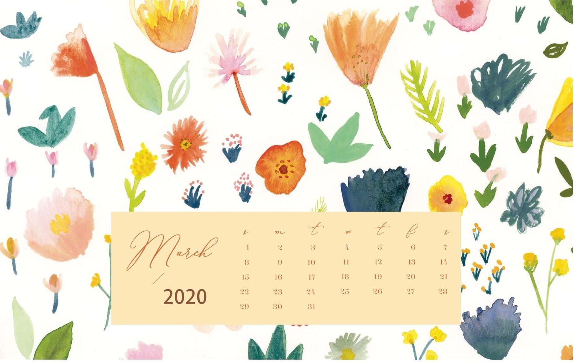 March 2020, watercolor floral calendar, scattered blossoms, HD Desktop Wallpaper
