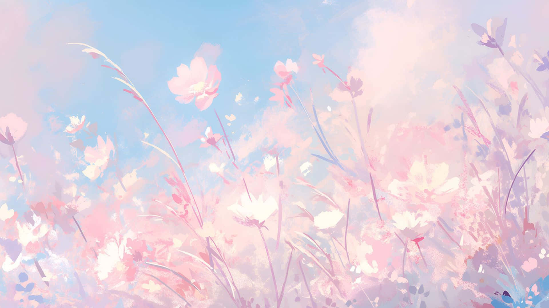 pastel flowers, dreamy field, hazy blue sky, Full HD Desktop Wallpaper