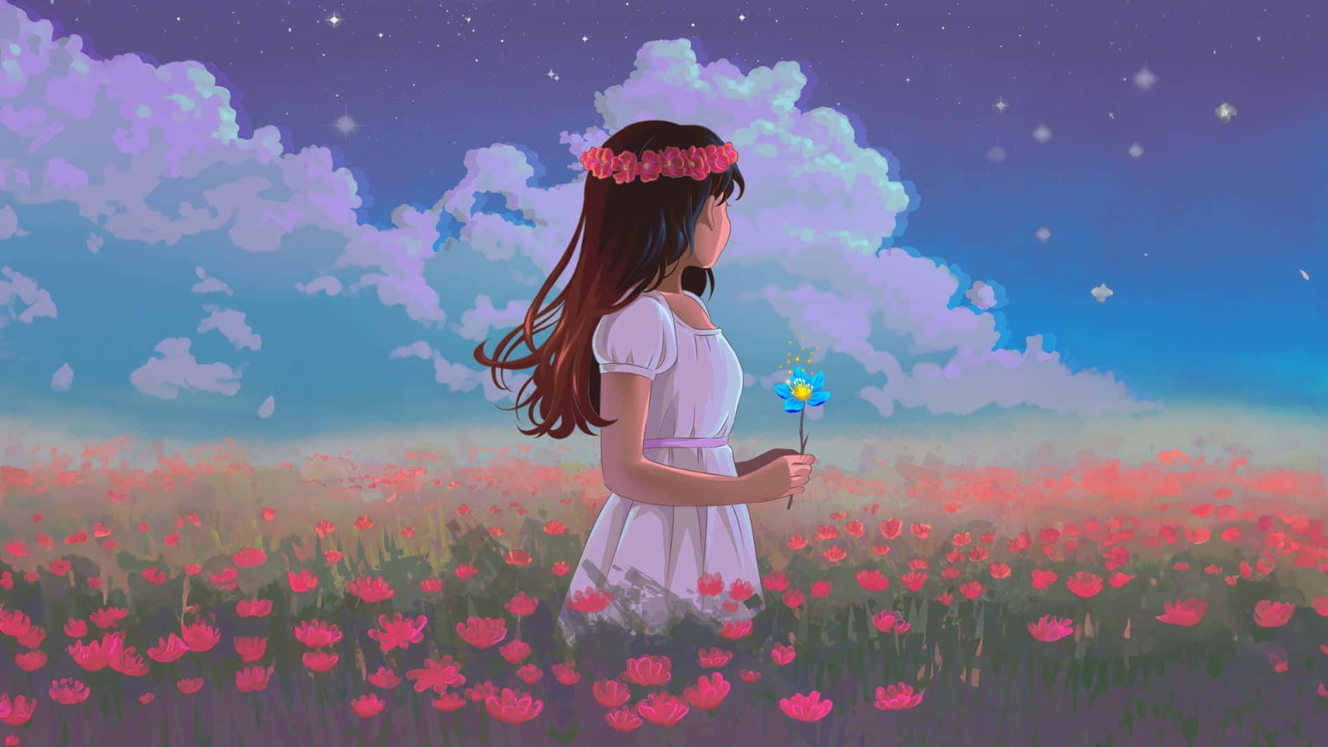 Cute Pastel Spring Girl, white dress, pink flower crown, Full HD Desktop Wallpaper