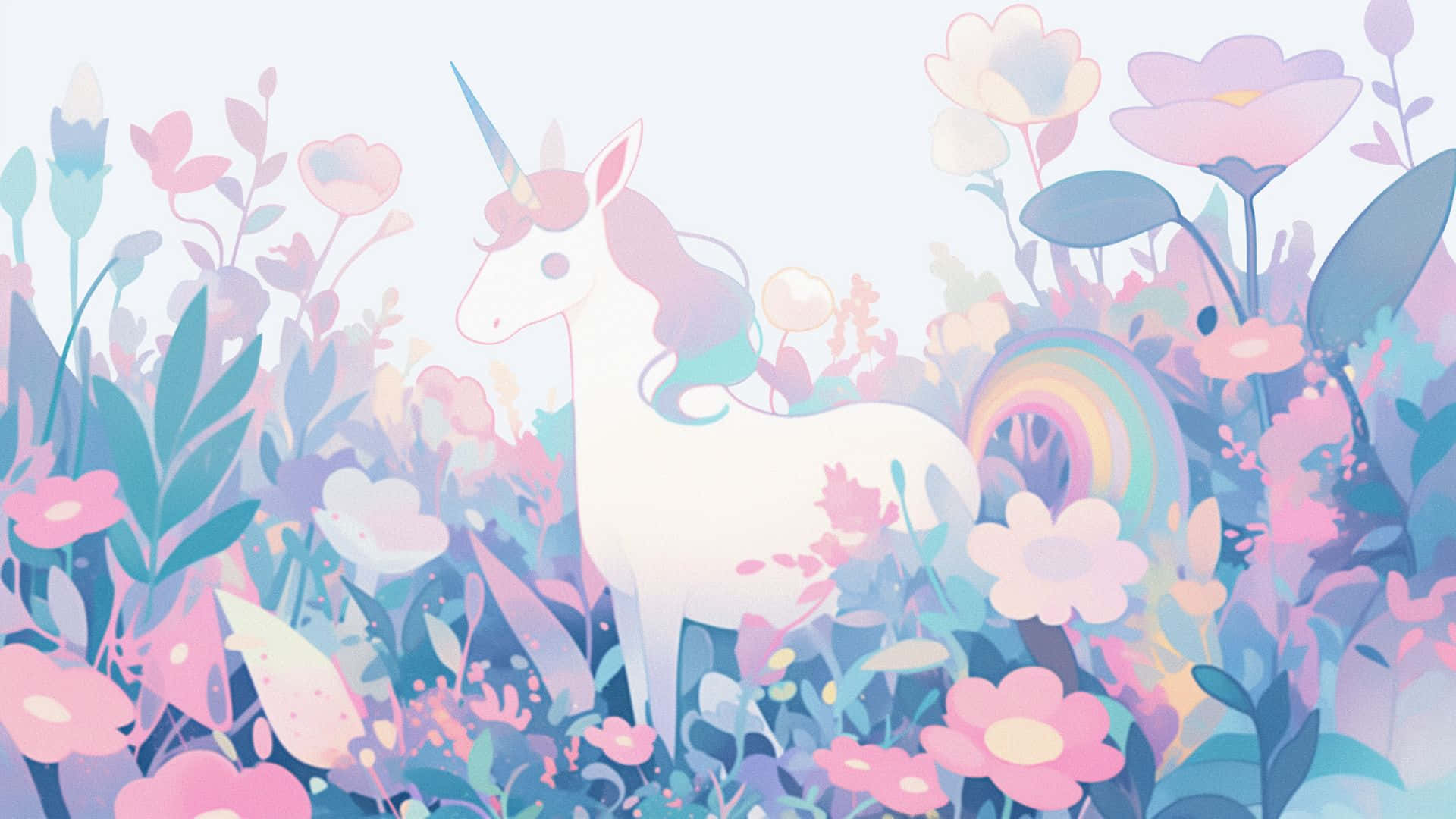 white unicorn, rainbow mane, pastel pink blue and purple flowers, Full HD Desktop Wallpaper