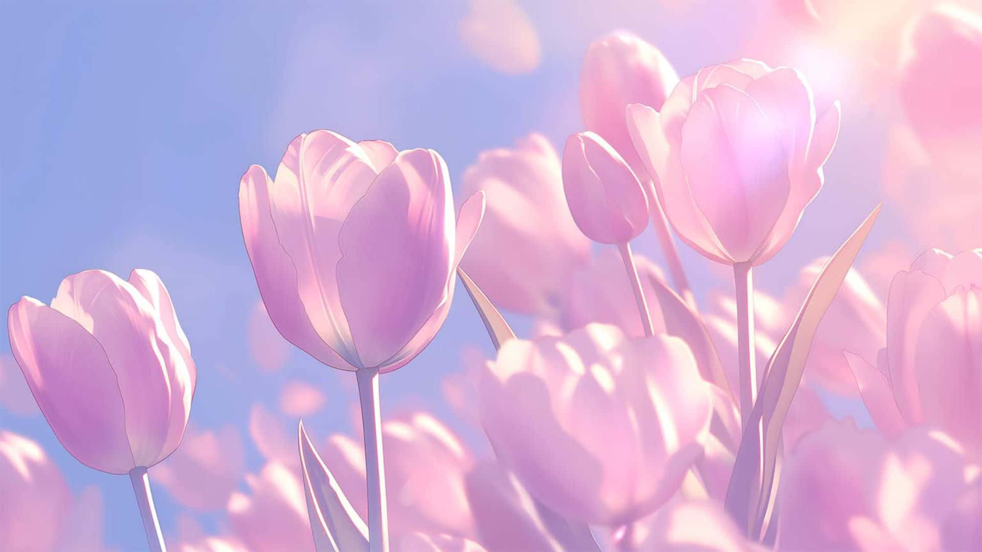 soft pink tulips, gentle blue sky, warm sunlight, Full HD Desktop Wallpaper