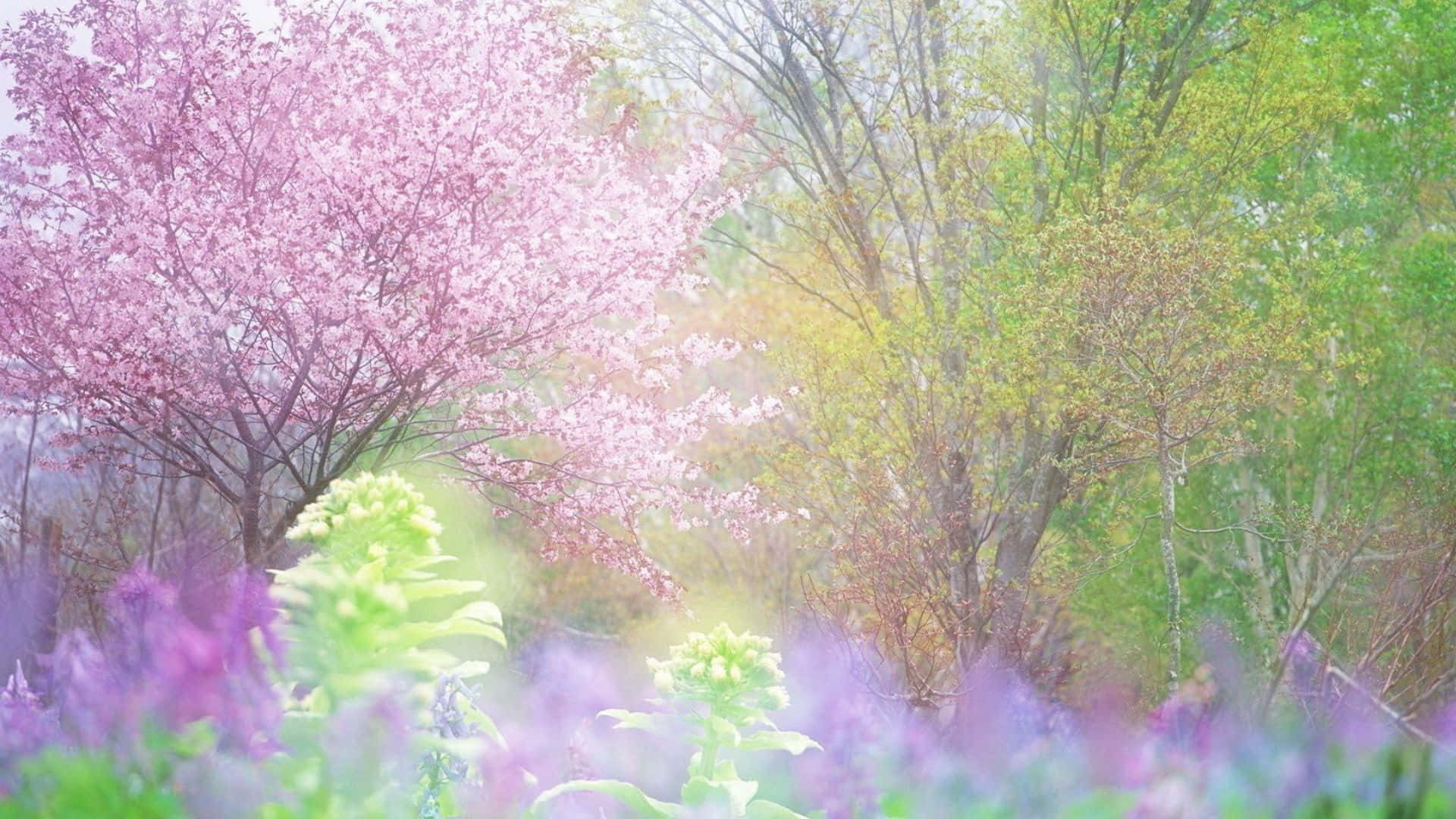 pastel spring garden, pink cherry blossoms, misty green trees, Full HD Desktop Wallpaper