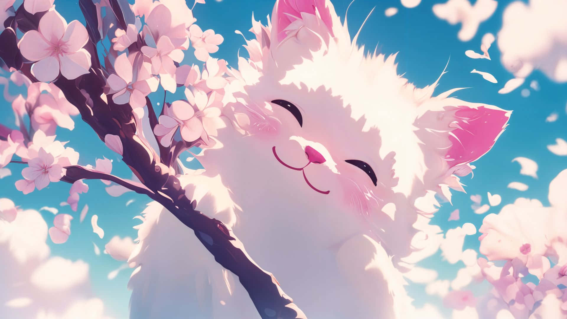 Cute Pastel Spring Cat, fluffy white cat, pink ears, Full HD Desktop Wallpaper