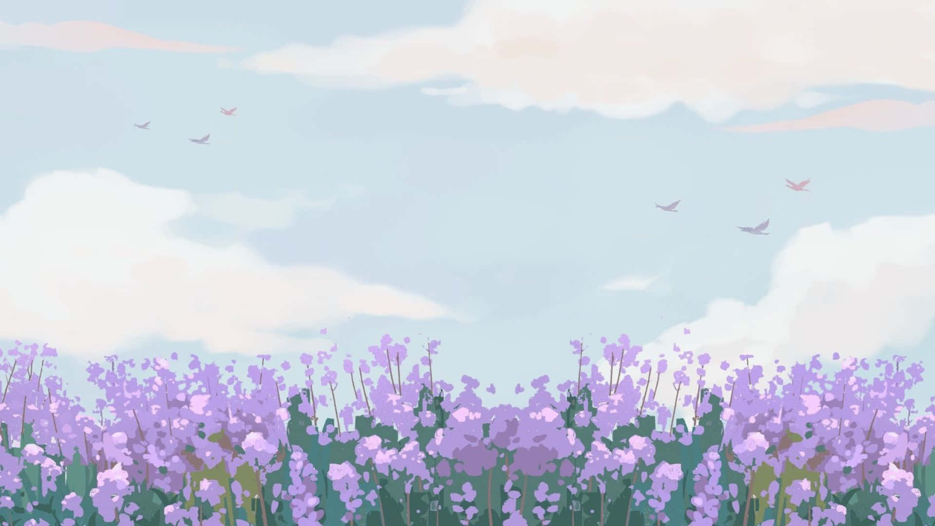 Cute Pastel Spring Landscape, pastel sky, purple flowers, Full HD Desktop Wallpaper