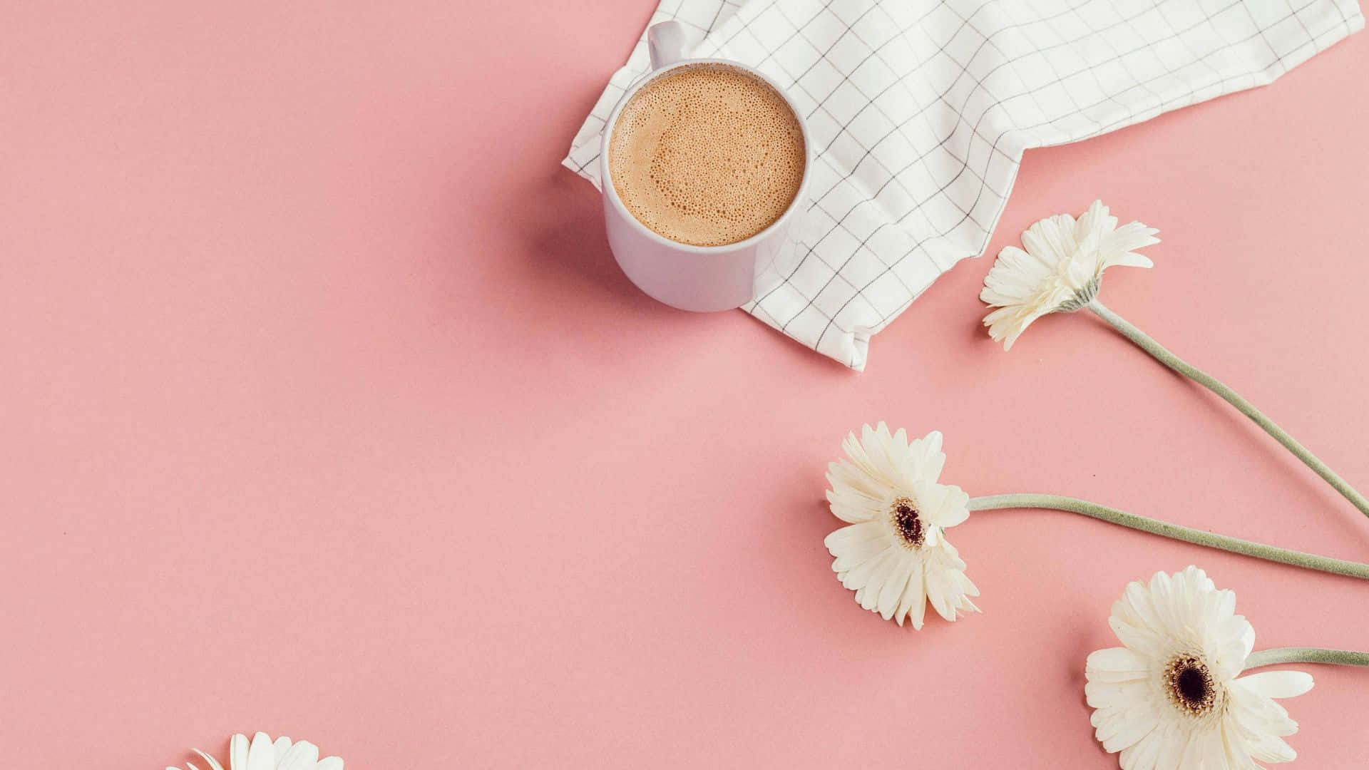 cute pastel spring setup, white mug, frothy coffee, Full HD Desktop Wallpaper