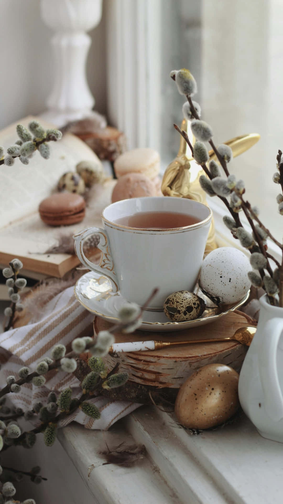pussy willow branches, white teacup with gold trim, wooden tray, Full HD Phone Wallpaper