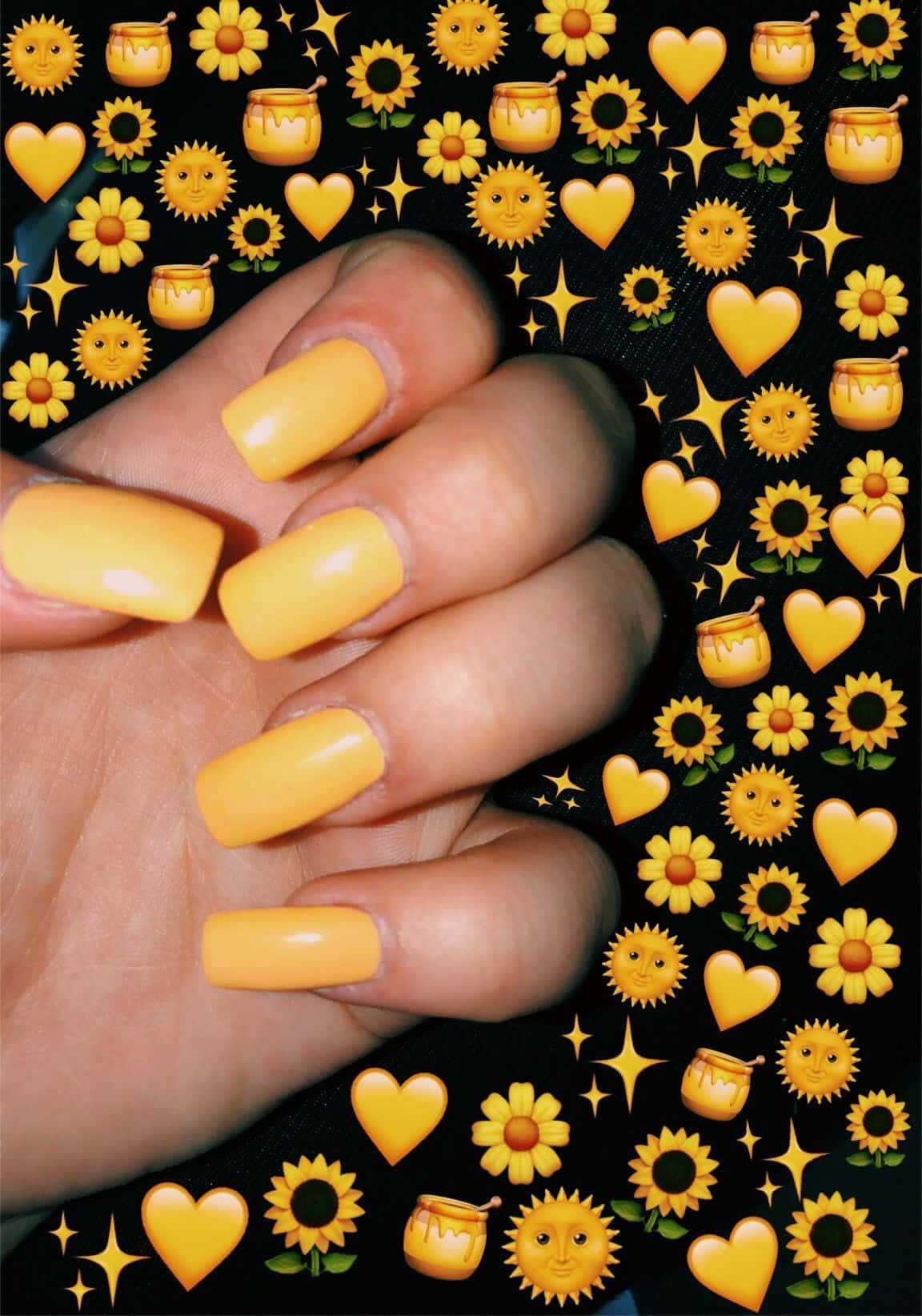 bright yellow manicured nails, black background, sunflower heart emojis, HD Phone Wallpaper