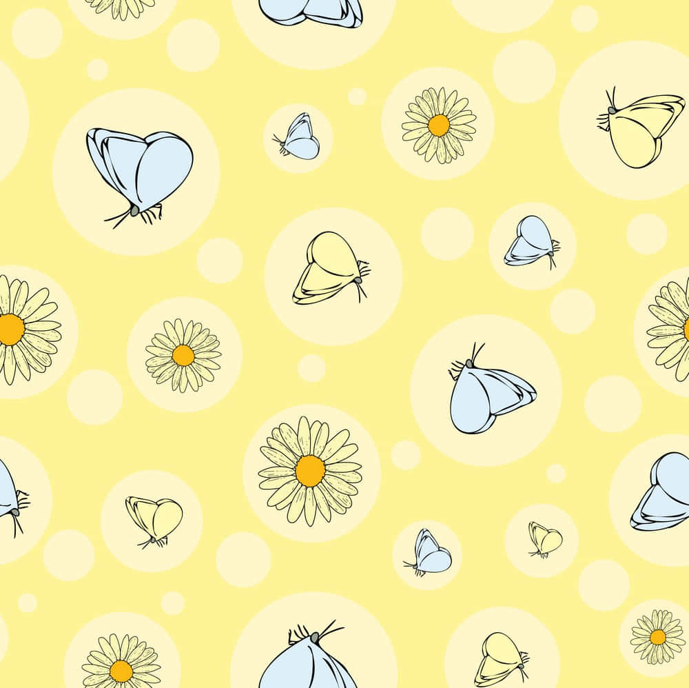 cute pastel yellow butterfly pattern, cheerful yellow background, light blue butterflies, SD Desktop Wallpaper