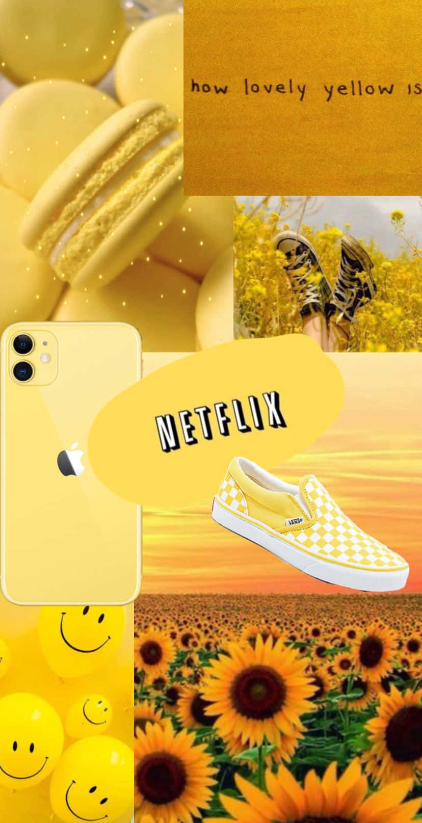 Cute Pastel Yellow Summer Collage, macarons, sunflowers, HD Phone Wallpaper