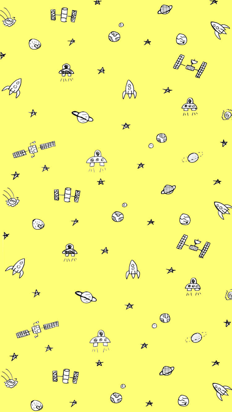 Cute Pastel Yellow Spaceship Pattern, bright yellow, black line drawings, HD Phone Wallpaper