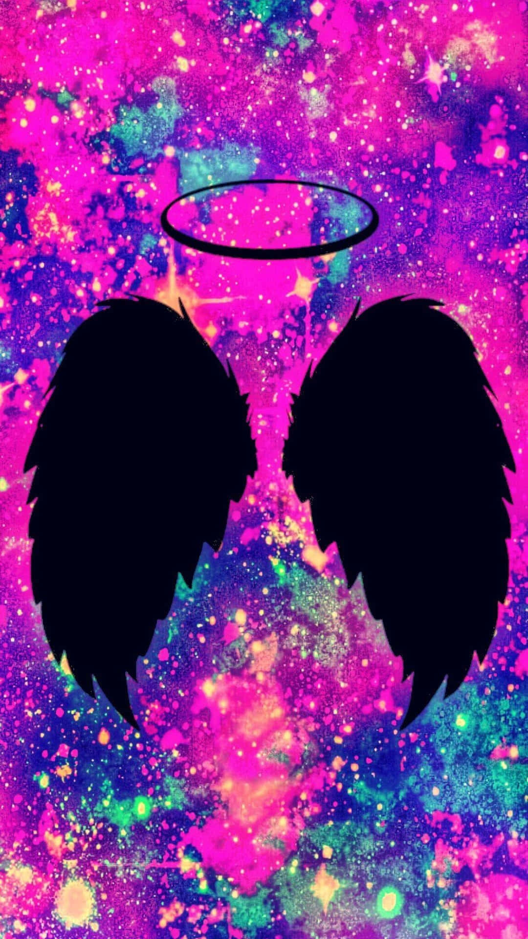 cute pastel galaxy, black angel wings, halo silhouette, Full HD Phone Wallpaper