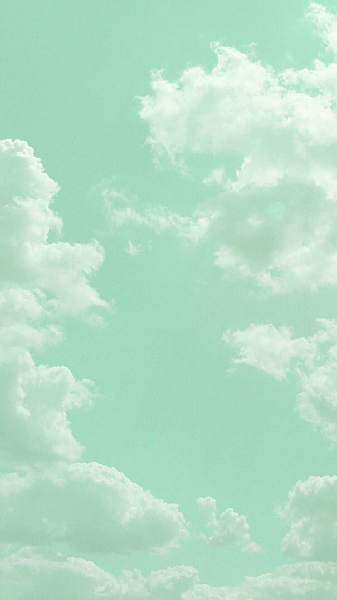 pastel green, mint green, fluffy white clouds, Full HD Phone Wallpaper