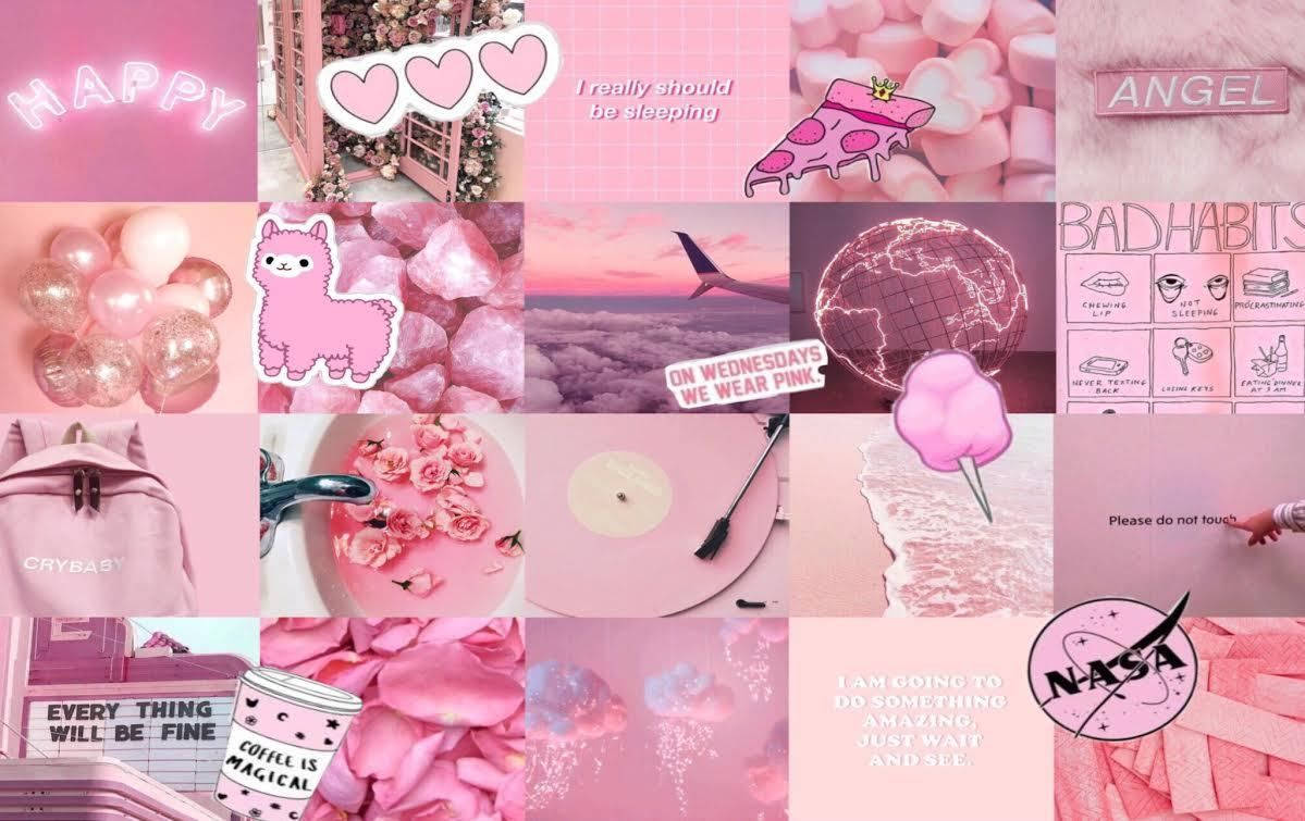 cute pastel pink mood board, fluffy textures, cartoon alpacas, SD Desktop Wallpaper
