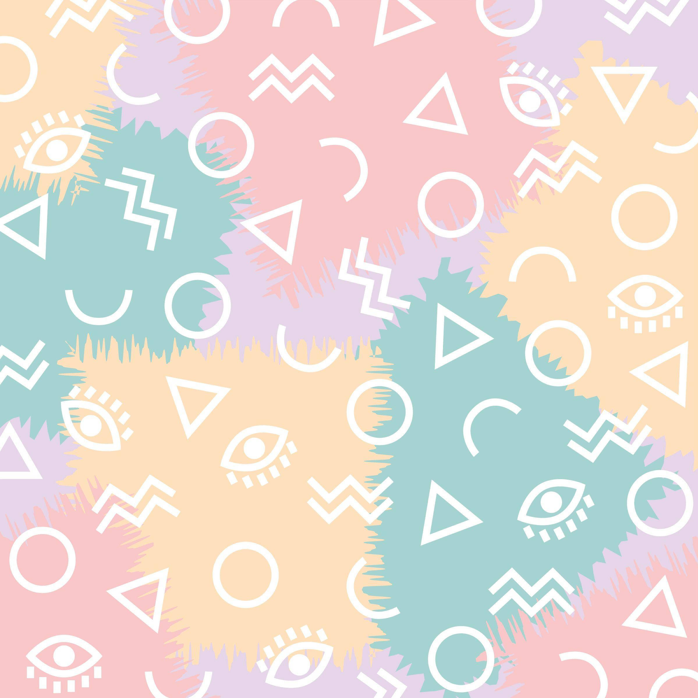 pastel watercolor splashes, white geometric shapes, eye motifs, Full HD Desktop Wallpaper