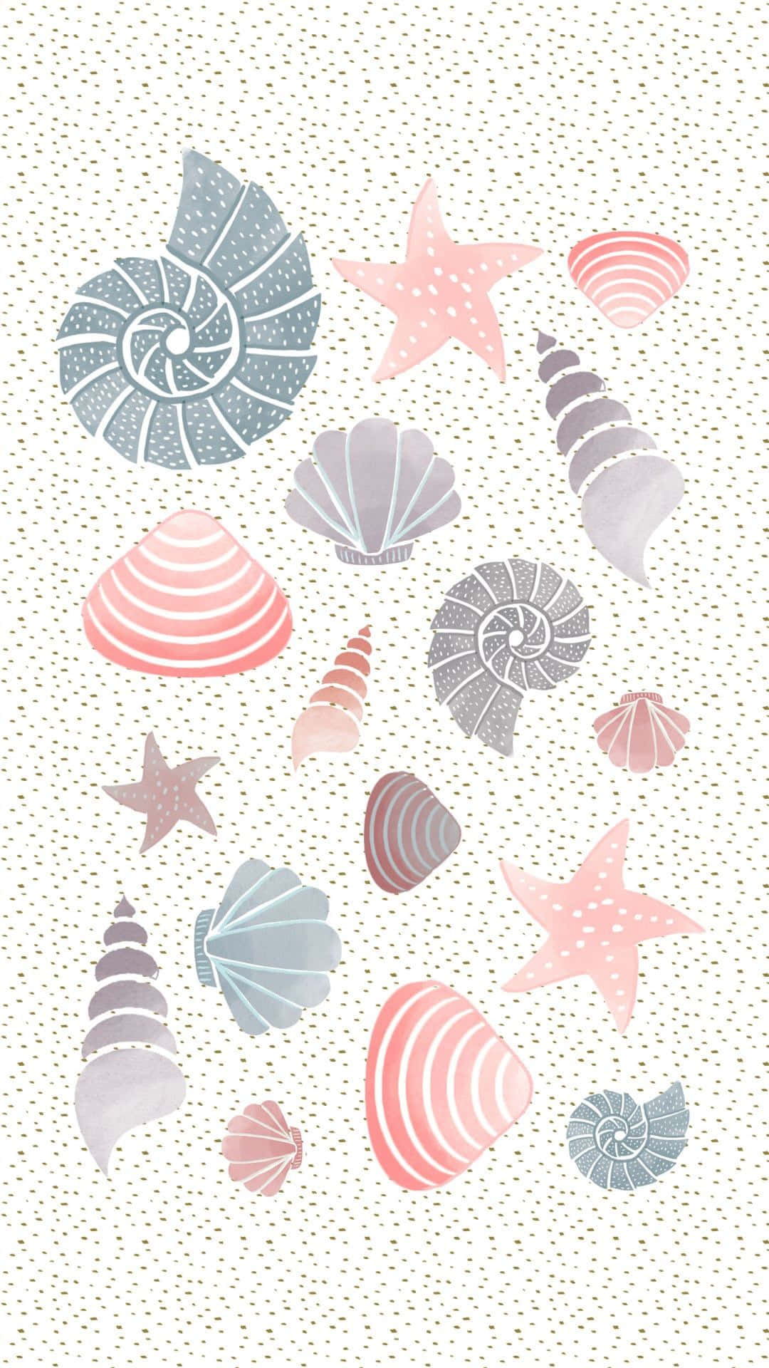 pastel-colored seashells, starfish, dotted cream background, Full HD Phone Wallpaper