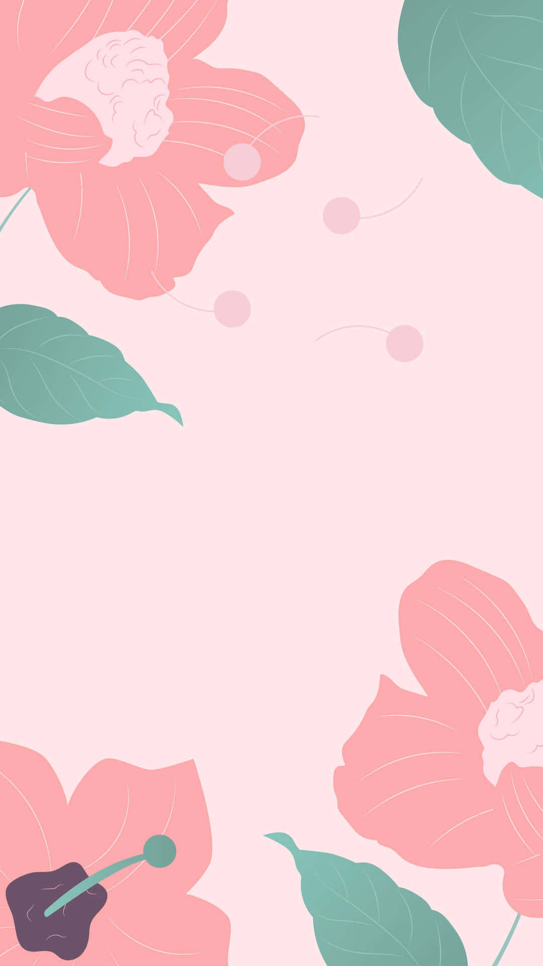 cute pattern iPhone, soft pink flowers, teal leaves, Full HD Phone Wallpaper
