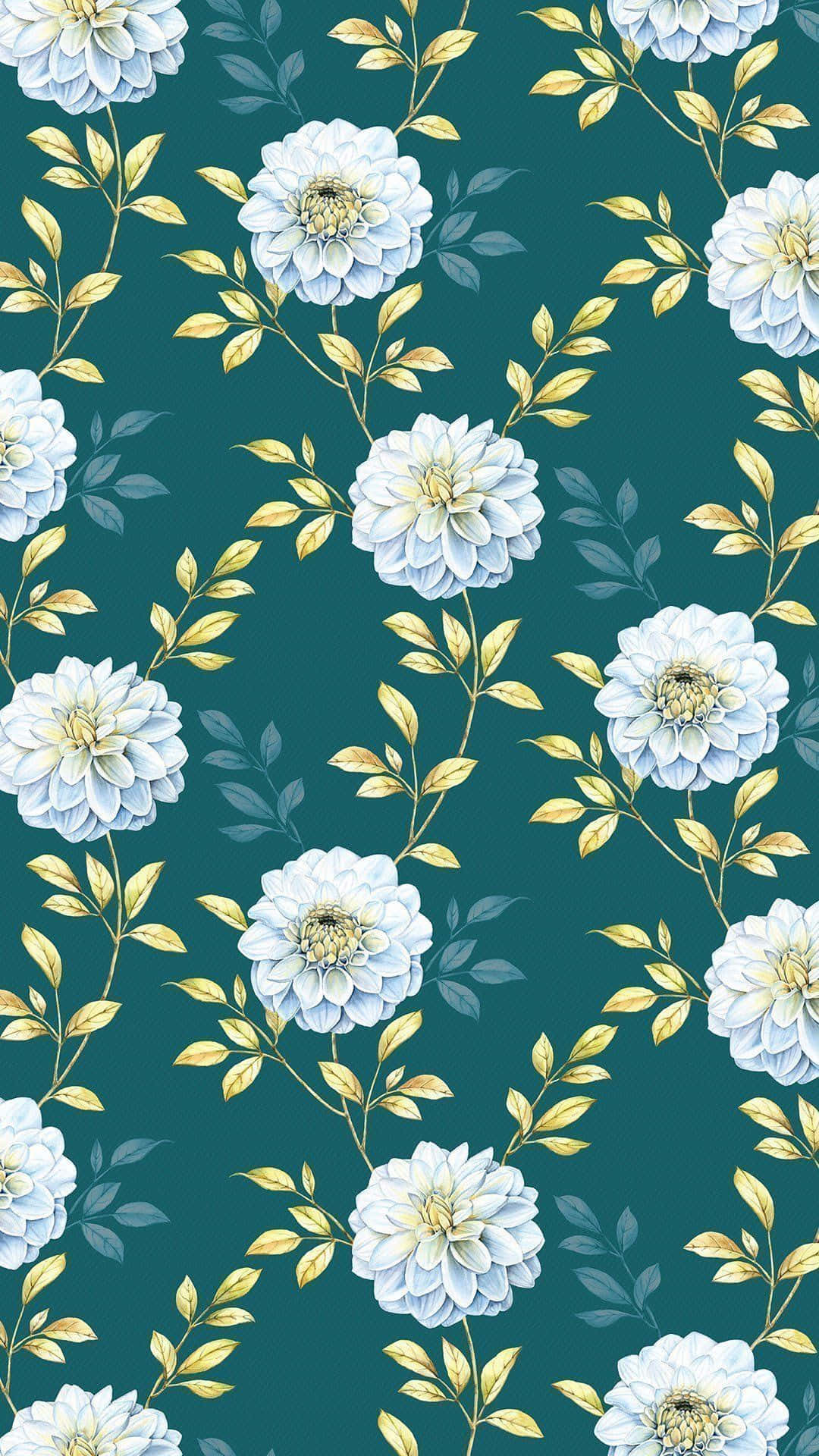 floral pattern, white dahlia flowers, gold leaves, Full HD Phone Wallpaper