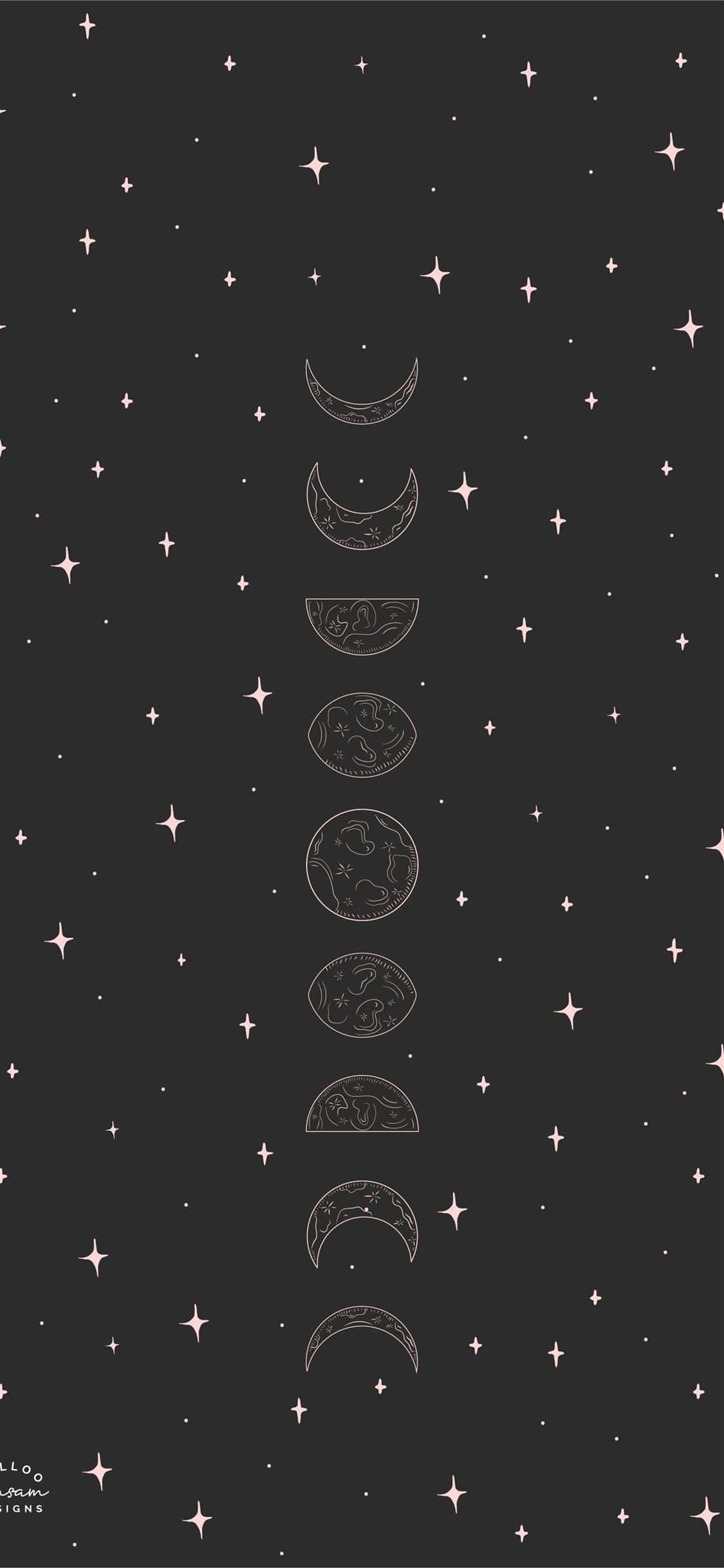 black background, stars, moon phases, Full HD Phone Wallpaper