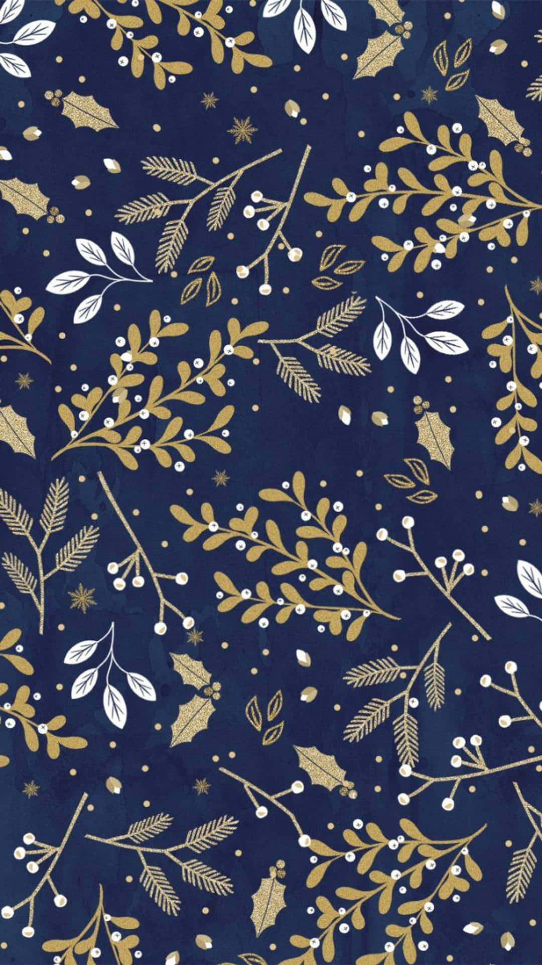 navy blue, golden and white holly branches, stars, Full HD Phone Wallpaper