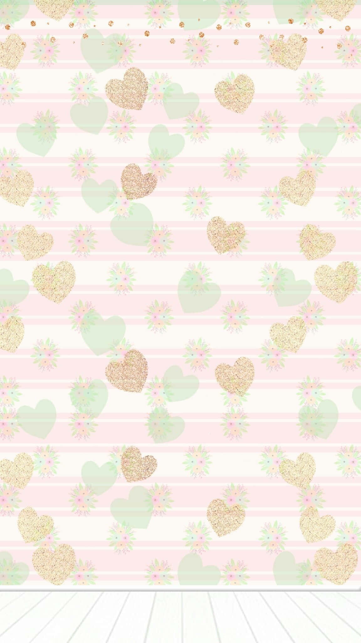 pink striped wallpaper, glitter hearts, floral motifs, Full HD Phone Wallpaper