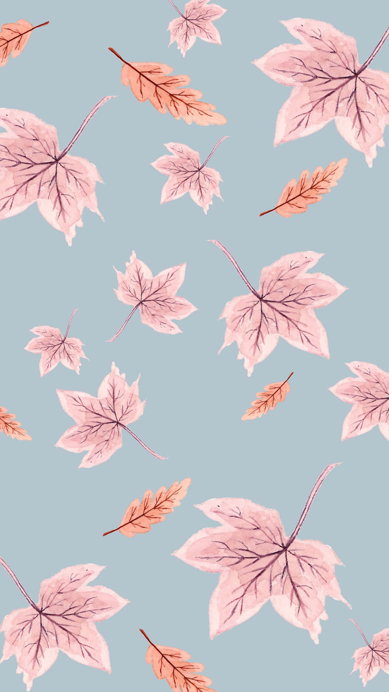 pink leaf pattern, blue background, autumn leaves, Full HD Phone Wallpaper