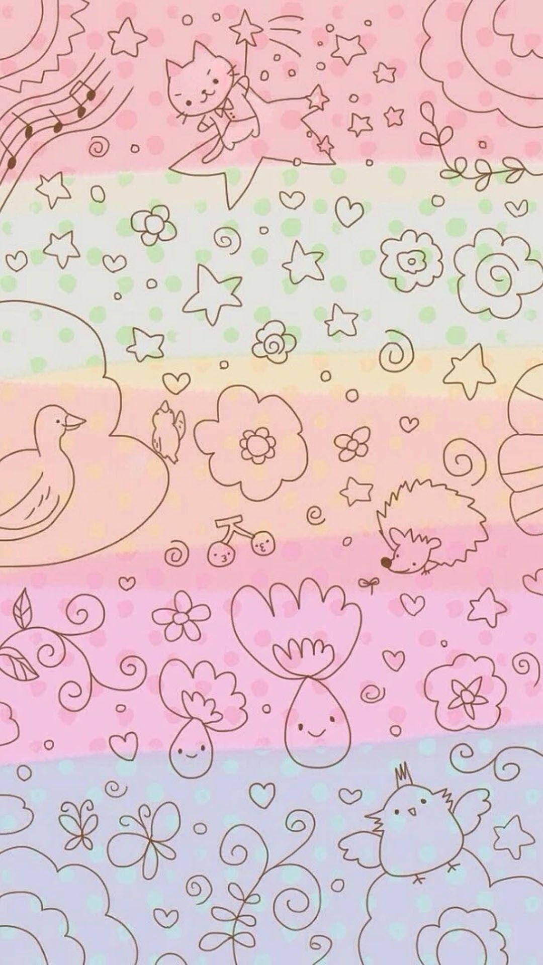 pastel rainbow stripes, cute outlined animals, flowers, Full HD Phone Wallpaper