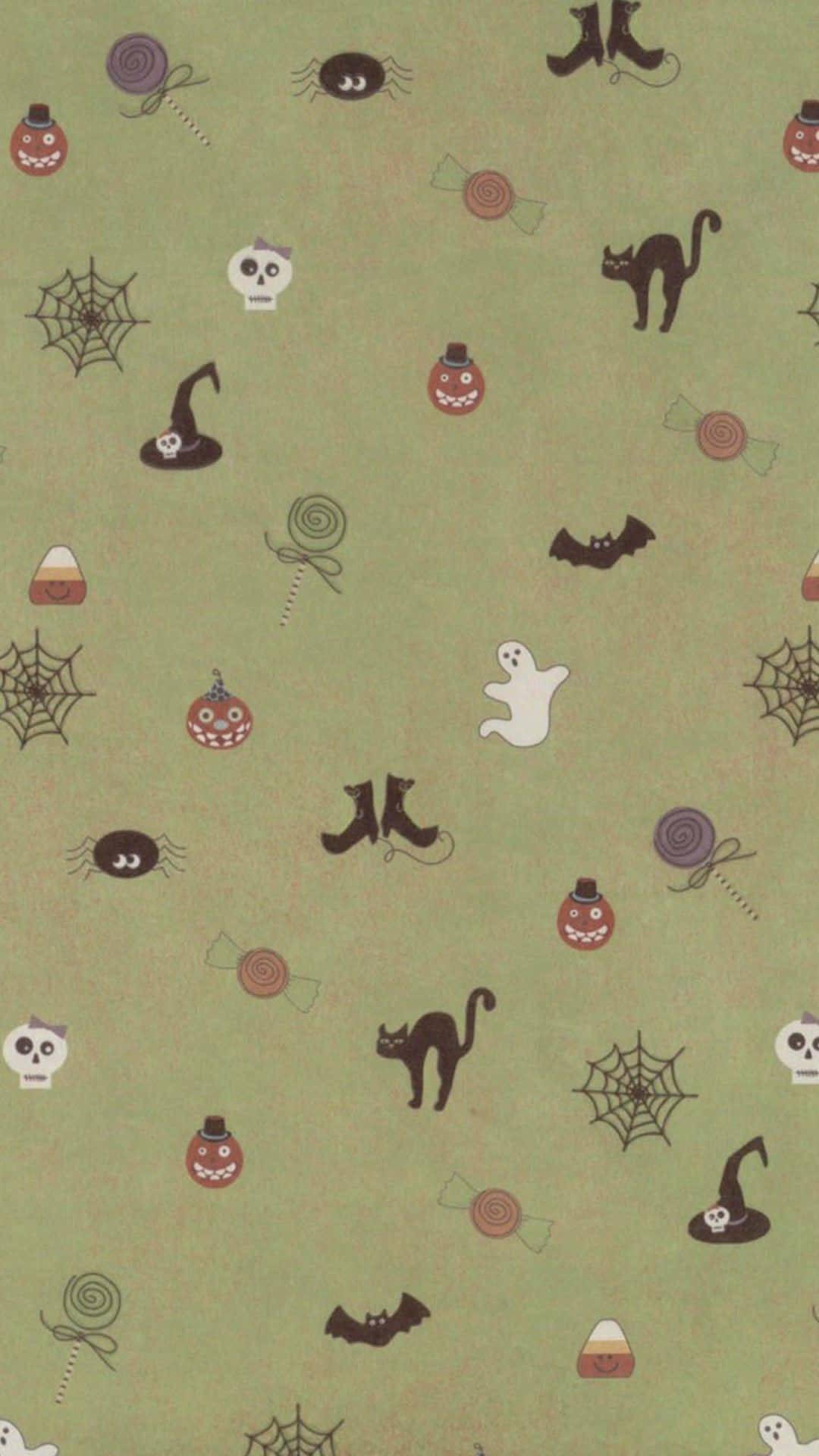 Cute Halloween Icons Pattern, green, Halloween icons, Full HD Phone Wallpaper