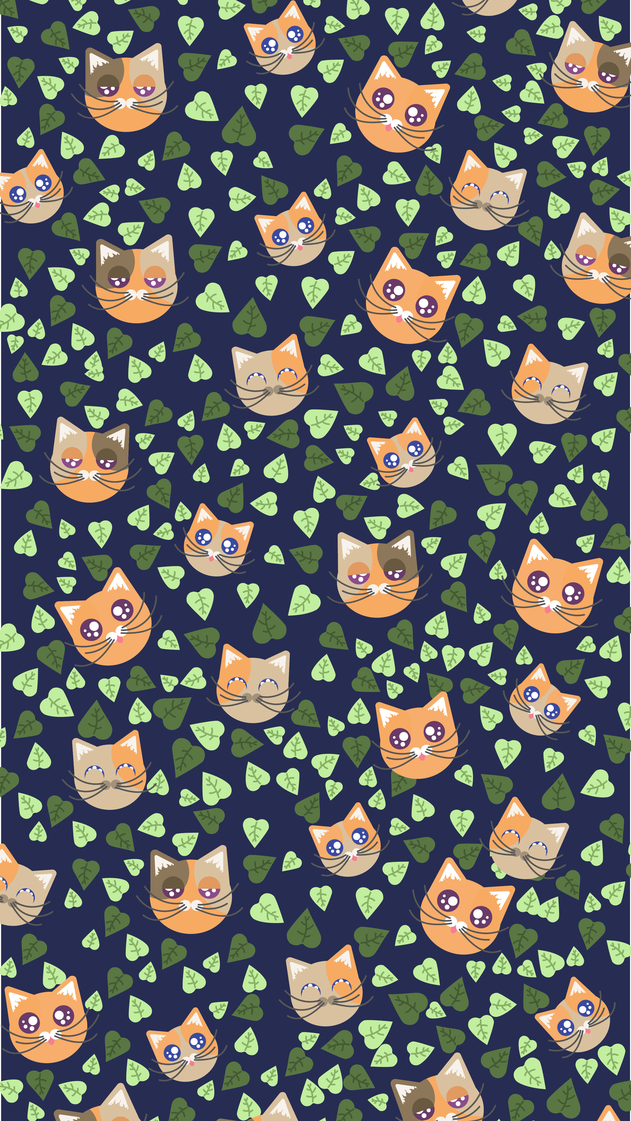 Cute Orange Cat Faces And Leaves Pattern, cartoon cat faces, big eyes, 4K Phone Wallpaper