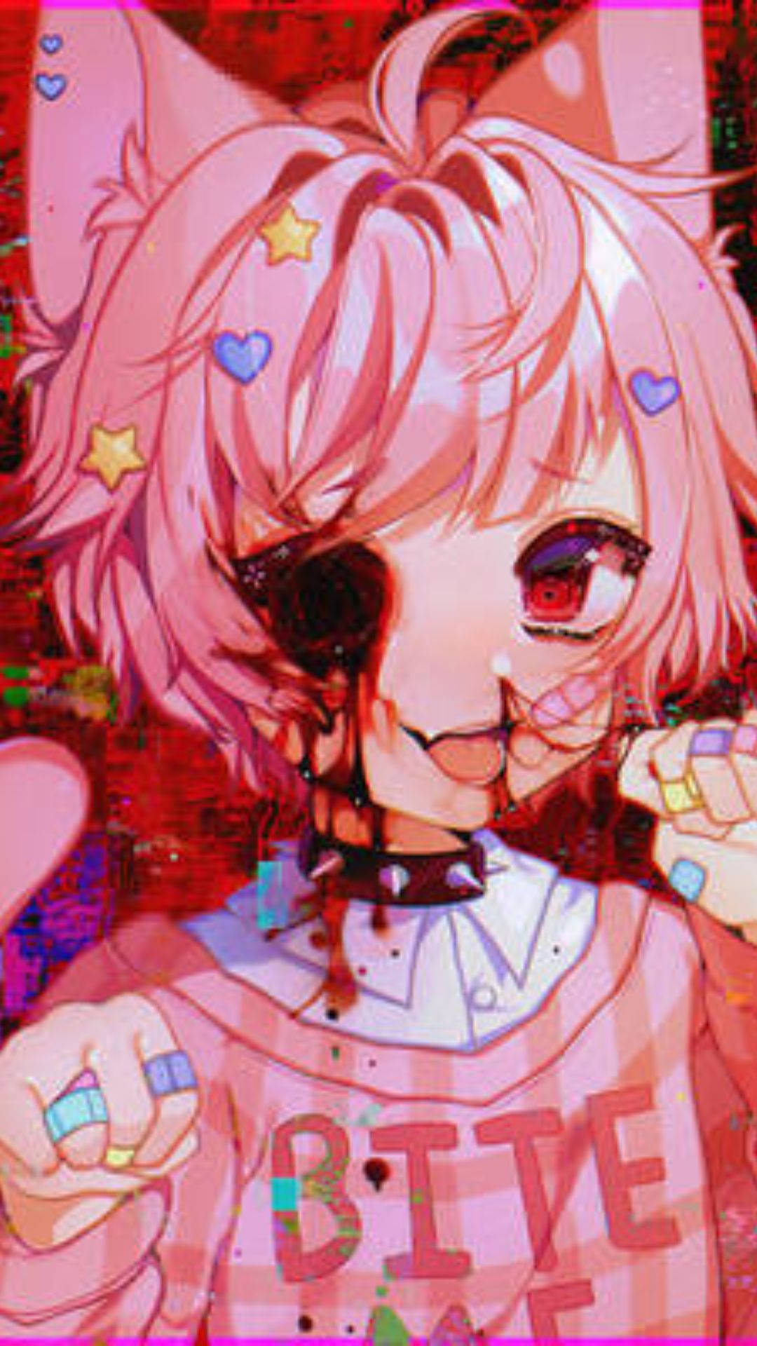 bloody cat girl, pink-haired anime girl, cat ears, Full HD Phone Wallpaper