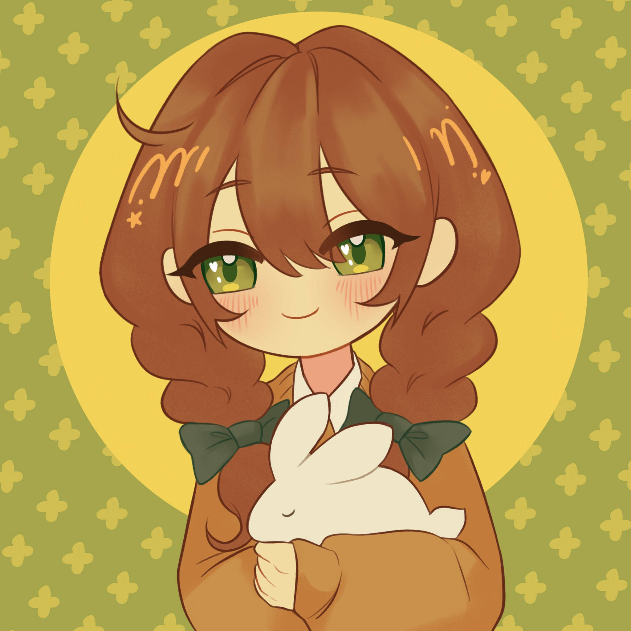 chibi anime girl, brown hair, green eyes, Full HD Desktop Wallpaper