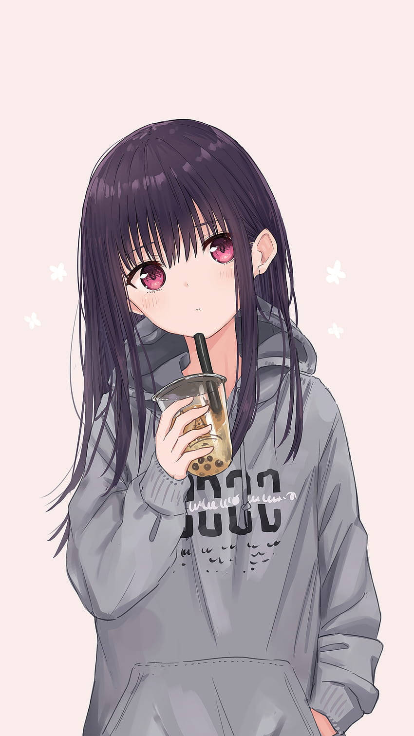 anime girl, purple hair, pink eyes, HD Phone Wallpaper