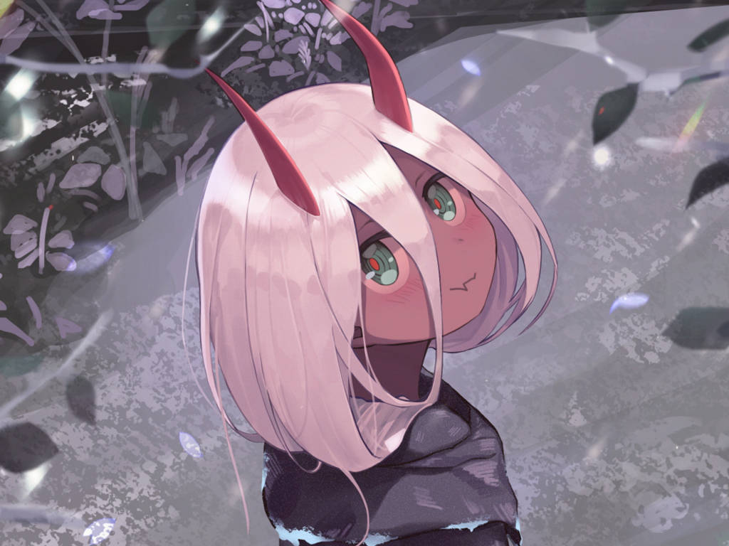 pink-haired anime girl, red horns, green eyes, SD Desktop Wallpaper