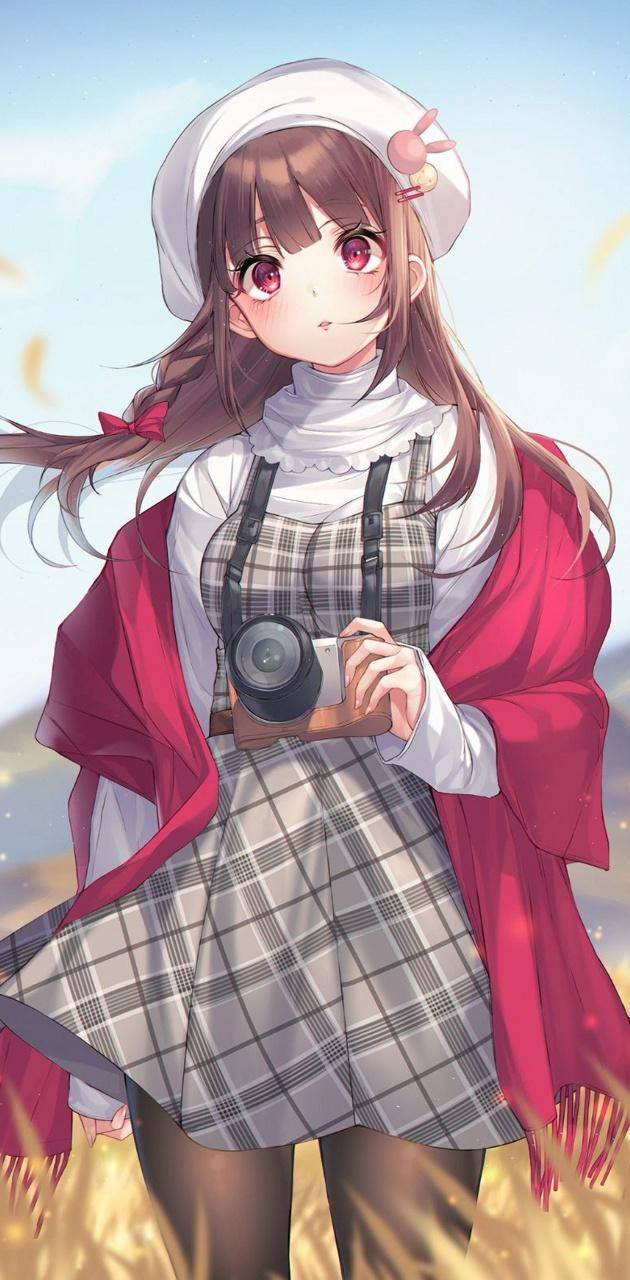 anime girl, pink eyes, white beret, HD Phone Wallpaper