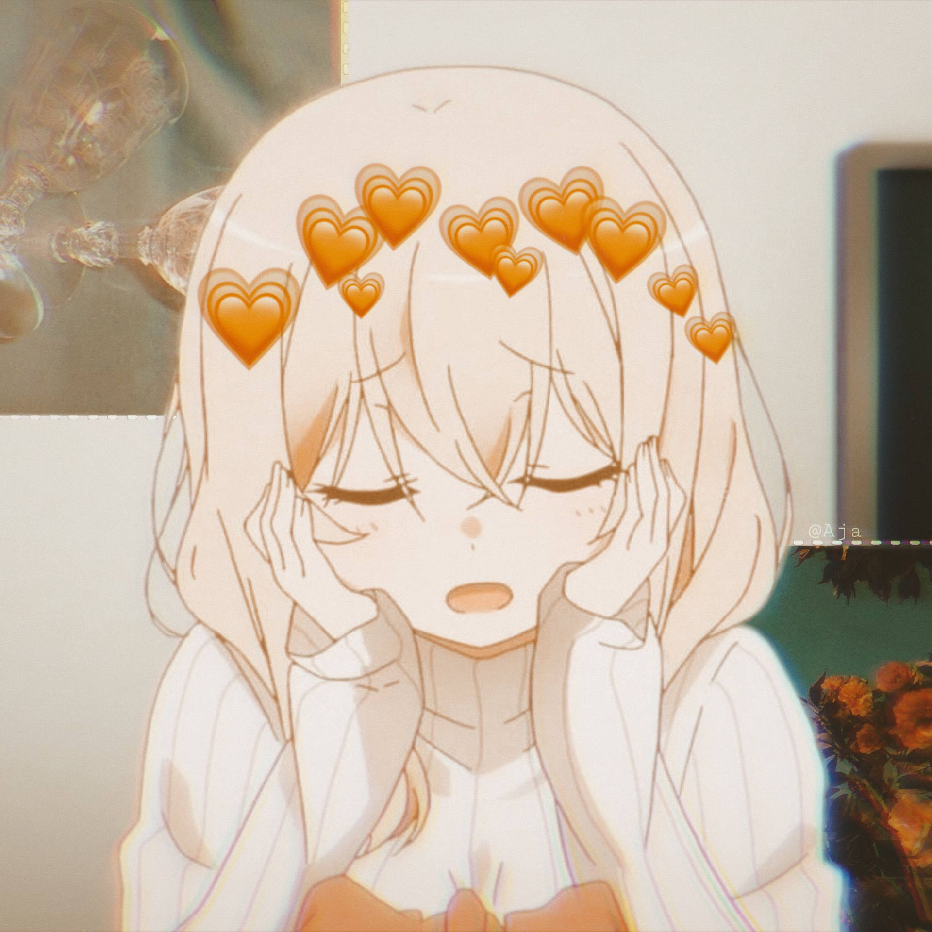 Cute PFP Anime Girl, orange hearts, glowing, Full HD Desktop Wallpaper