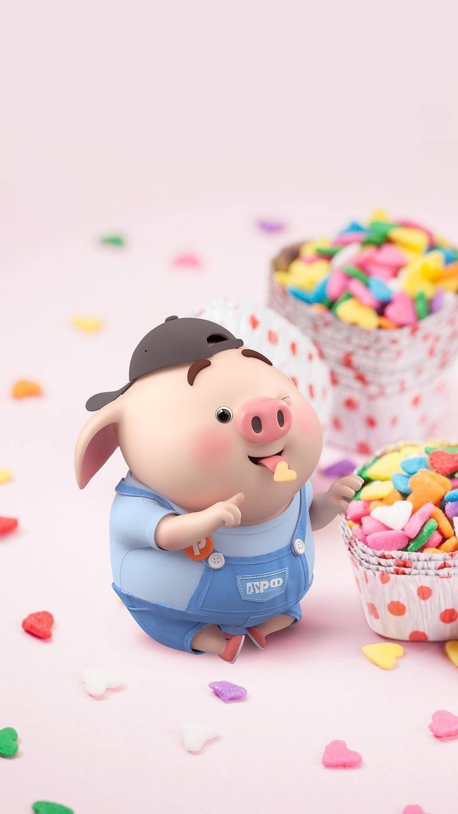 3d cartoon cute pig, piglet, blue overalls, 2K Phone Wallpaper
