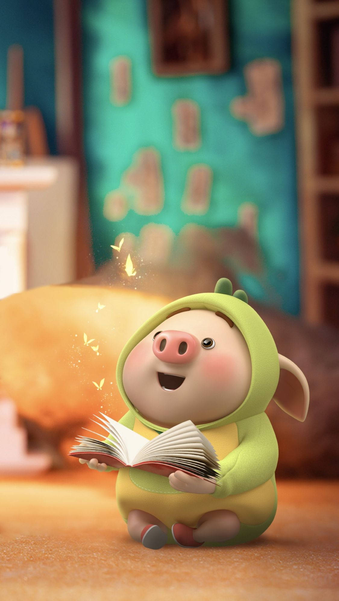 Cute Pig, green onesie, hooded outfit, Full HD Phone Wallpaper