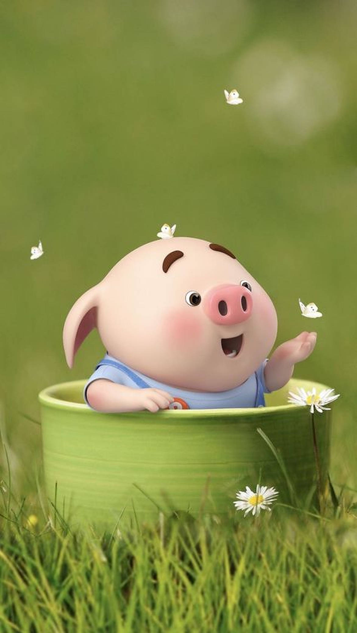 cute pig, daisies, green bucket, Full HD Phone Wallpaper