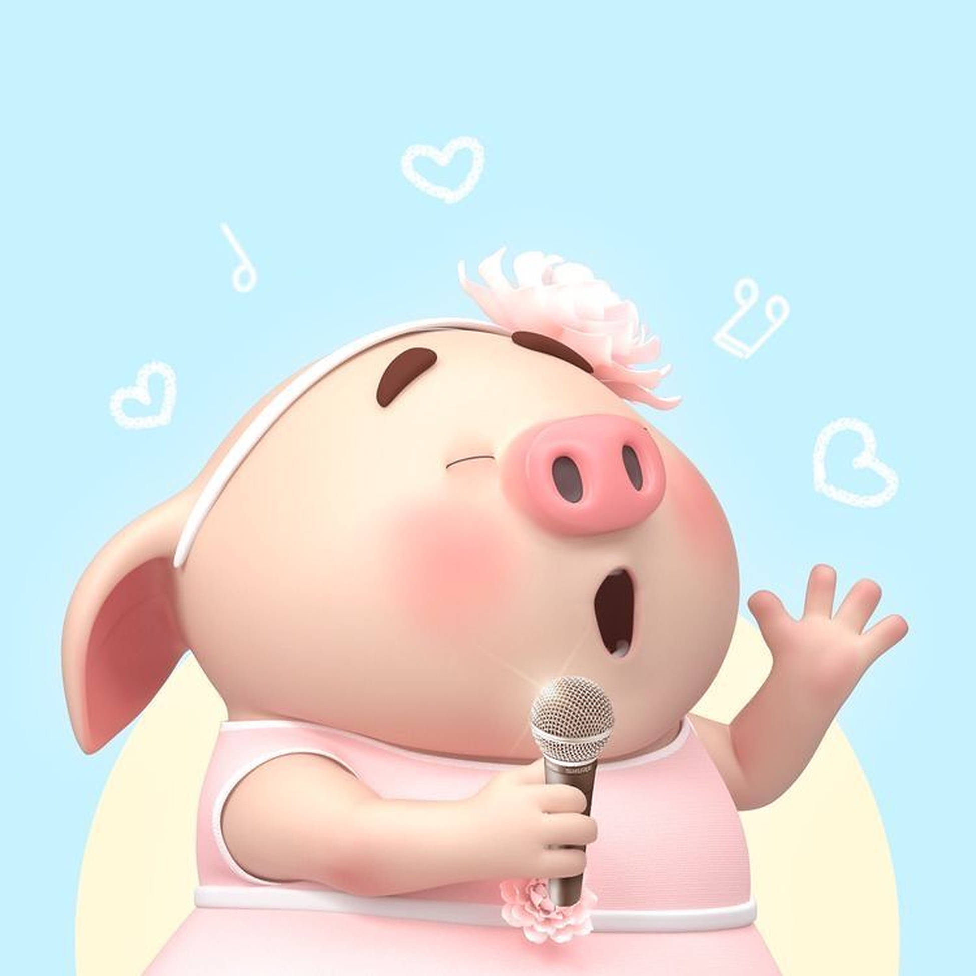 cute pink cartoon pig, dress, microphone, Full HD Desktop Wallpaper