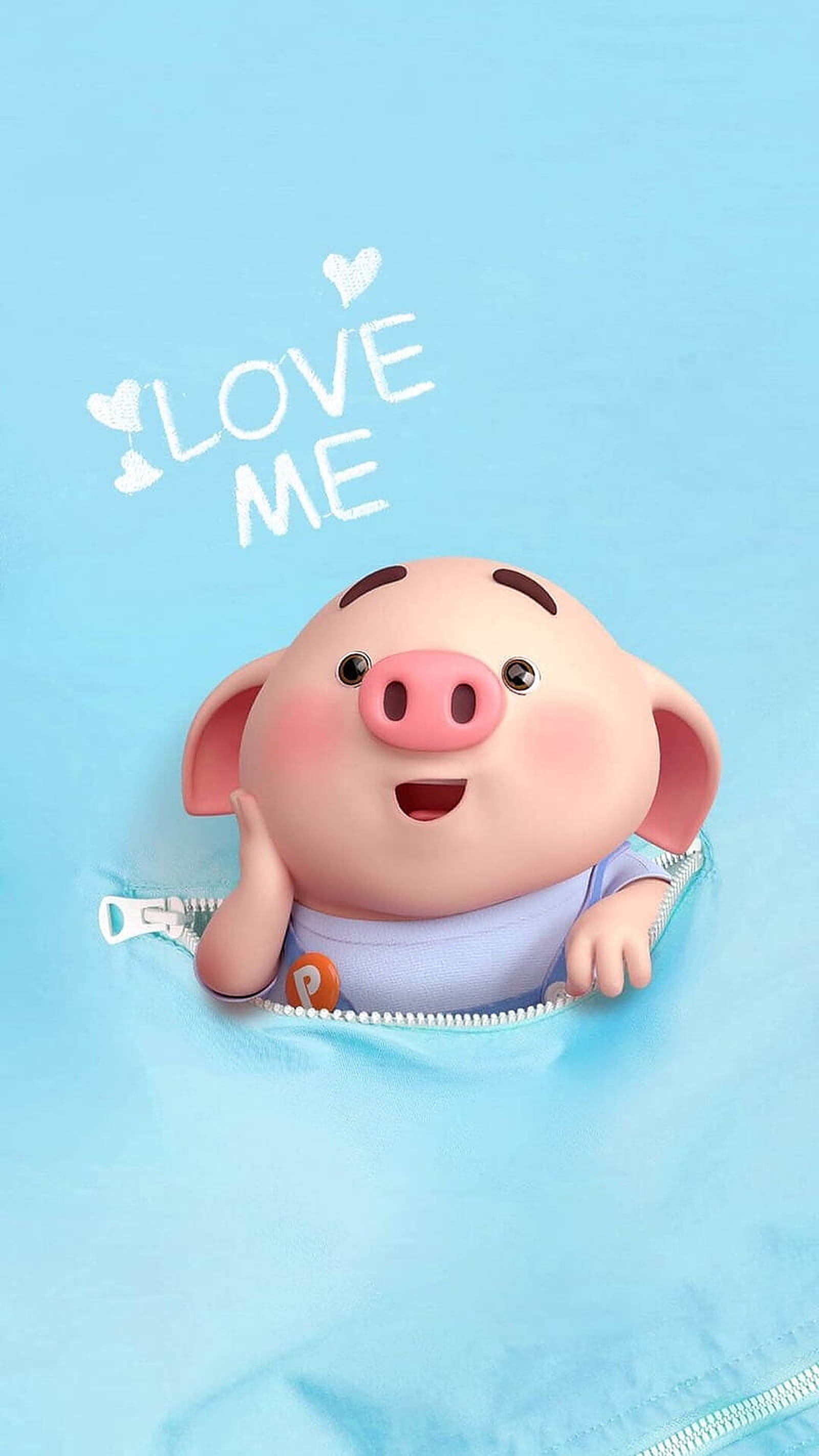 cute pig, 3d-rendered pig character, light blue zipper, 2K Phone Wallpaper