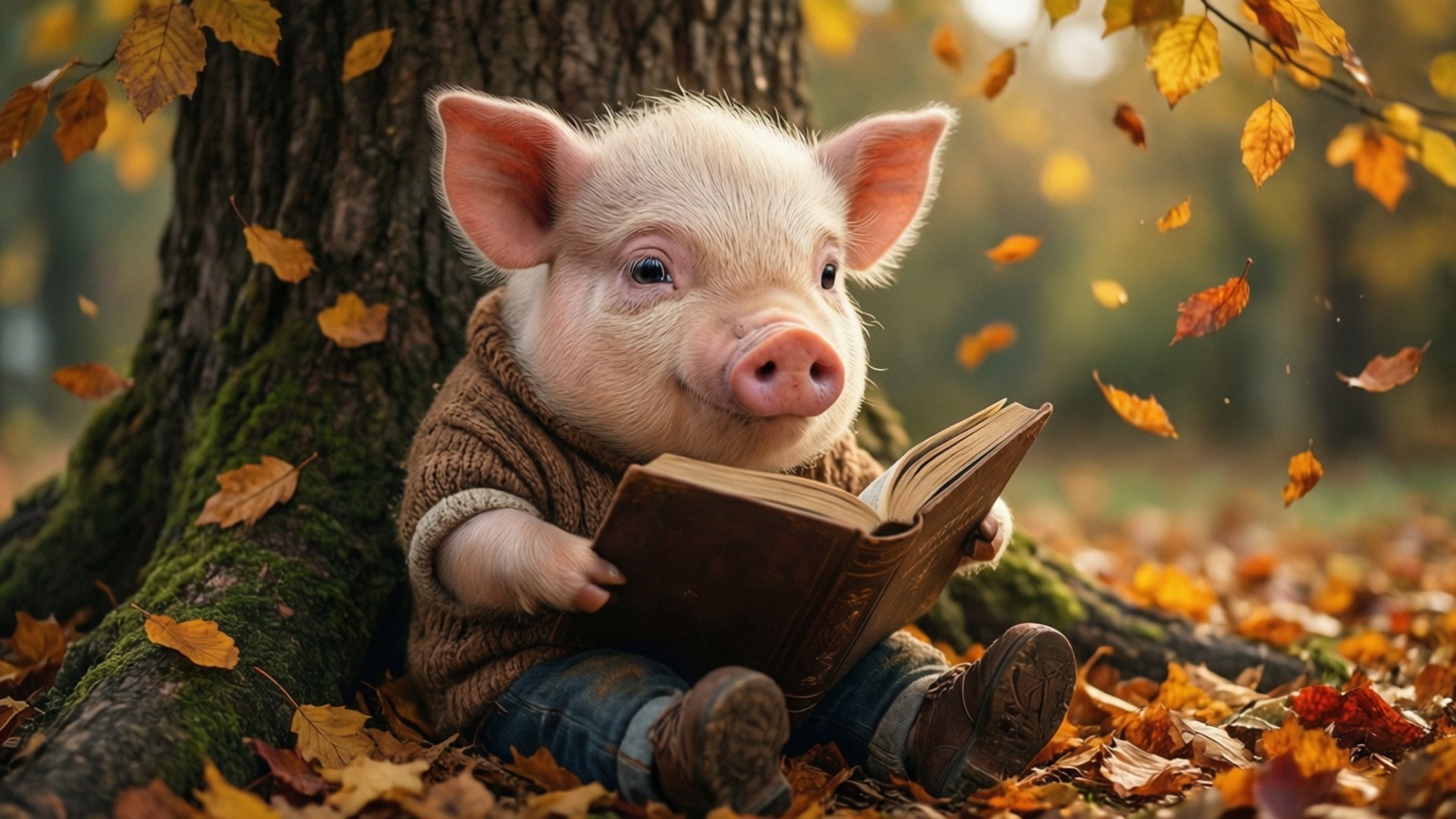 pig, brown sweater, mossy tree, Full HD Desktop Wallpaper