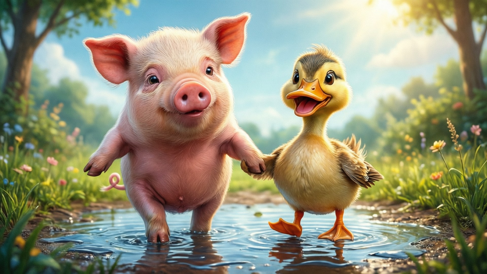 pink pig, yellow duckling, sunlit puddle, Full HD Desktop Wallpaper