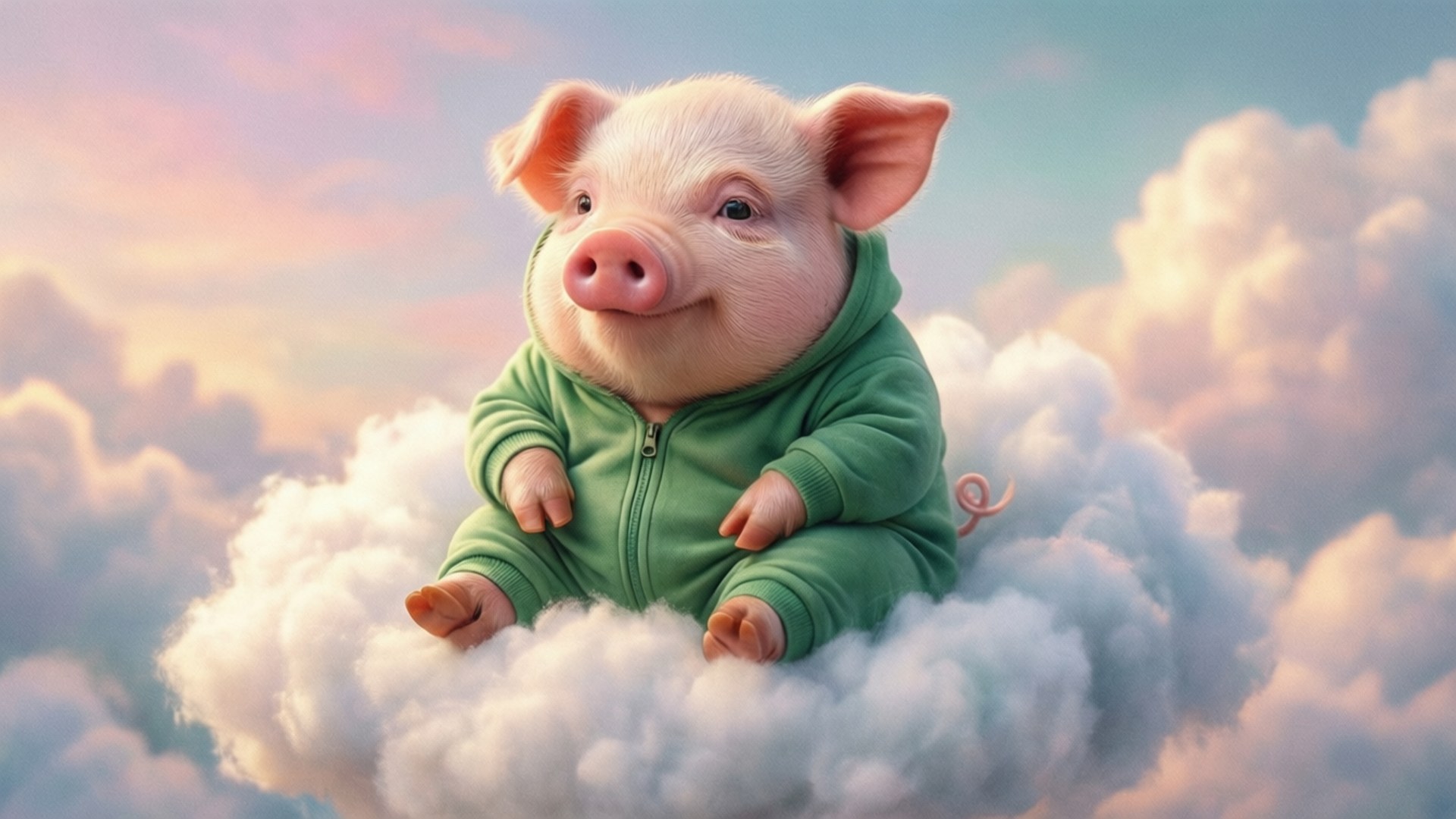 piglet, green hoodie, fluffy cloud, Full HD Desktop Wallpaper